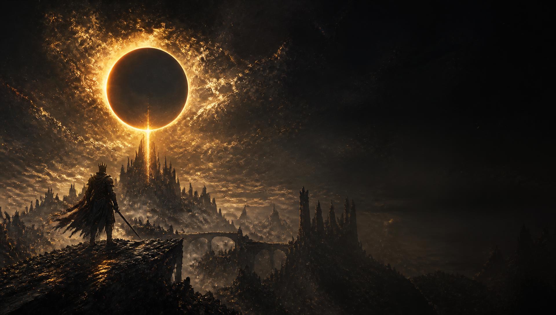 Rei diante do eclipse dourado sobre a cidadela em ruínas